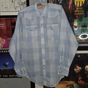 Vintage Rockmount Ranch Wear Shirt Men’s Blue Plaid Pearl Snap Western Tru West